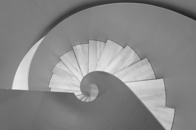 Inspiration for a mid-sized modern wooden spiral staircase remodel in Other with wooden risers