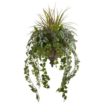 45" Ivy and Mix Greens Artificial Plant in Hanging Metal Bowl