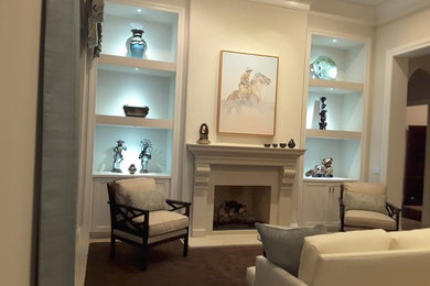 Huge transitional formal and open concept ceramic tile and beige floor living room photo with beige walls, a standard fireplace and a wood fireplace surround