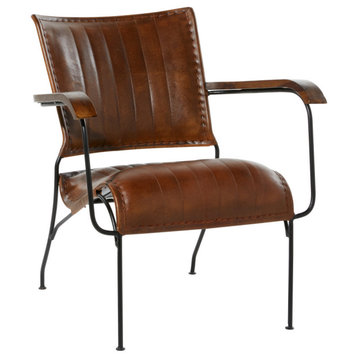 Brown Cow Hide Leather and Iron Vintage Accent Chair, 29x26x27