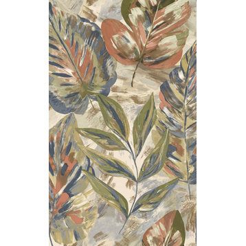 Aralia Leaves Metallic Textured Botanical Wallpaper Roll, Beige, Double Roll