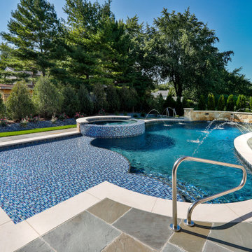 Naperville, IL freeform swimming pool with hot tub, large sunshelf, glass tile