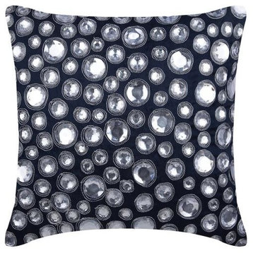 Blue Pillow Cover, Diamante Crystals 16"x16" Silk, Navy Night Diamonds