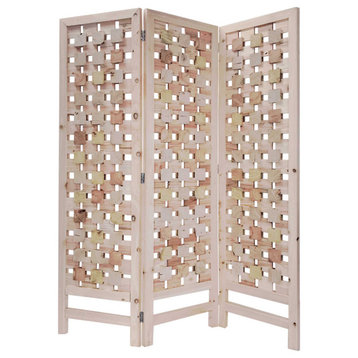 HomeRoots 3 Panel Pink Room Divider With Cut Square Wood Design