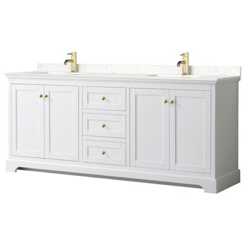 80"DBL Vanity White, Light-Vein Carrara Cult. Marble Top, Sinks, Gold Trim