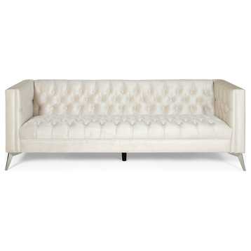 Roxanne Tufted Velvet 3 Seat Sofa, Beige/Silver