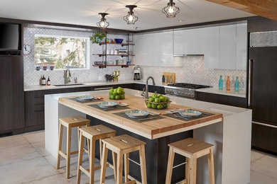 Mid-sized l-shaped cement tile floor and white floor enclosed kitchen photo in Edmonton with an undermount sink, flat-panel cabinets, white cabinets, quartz countertops, white backsplash, marble backsplash, stainless steel appliances and an island