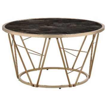 Benzara BM251129 Coffee Table With Glass Top and Geometric Frame, Black and Gold