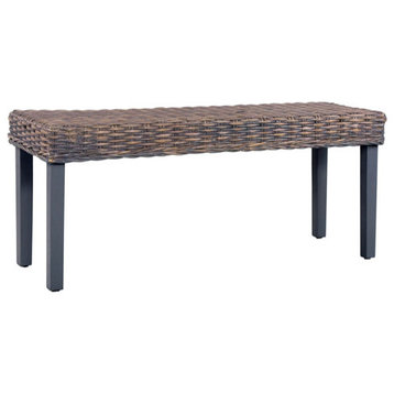vidaXL Solid Mango Wood Bench 43.3" Gray Natural Kubu Rattan Lounge Seating