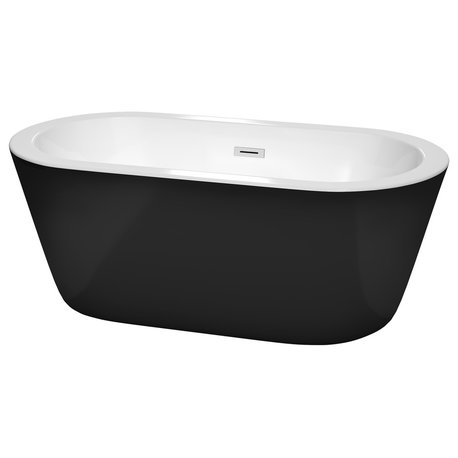 Mermaid 60" Freestanding Black Bathtub, Polished Chrome Drain and Overflow Trim