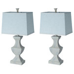 Urbanest - Avignon Table Lamps, Set of 2 - This set of two lamps includes two lamp bases in weathered white, two 7" nickel harps, 2 weathered white finials, and two 8" x 12" rectangular natural-colored linen hardback lamp shades. The lampshades have a nickel spider fitter.
