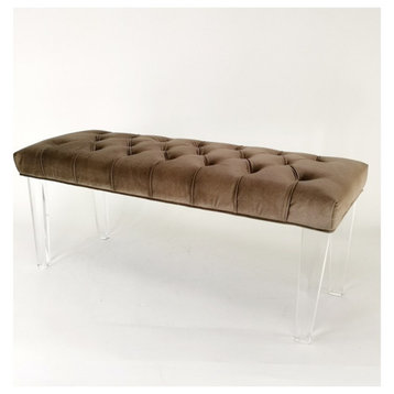 Boston Suede Bench 48Wx18Dx20"H in brown suede on clear acrylic legs