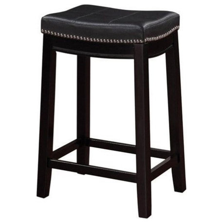 Linon Claridge Wood Backless Counter Stool Nailhead Trim Faux Leather in Black