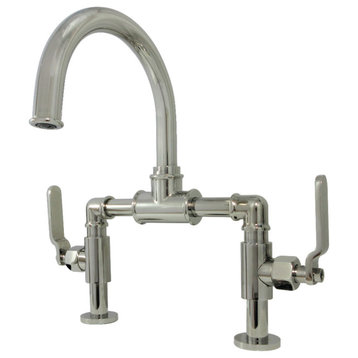 Industrial Style Bridge Bathroom Faucet With Pop-Up Drain, Polished Nickel