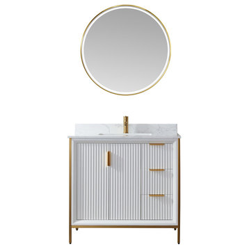 Granada Vanity With White Composite Stone Top, White, 36", With Mirror