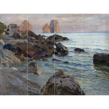 Tile Mural, Seascape Surf Wave Rocks in Capri, 6" Ceramic, Matte
