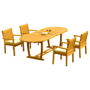 5-Piece Outdoor Teak Dining Set: 94" Masc Oval Table, 4 Leve Stacking Arm Chairs