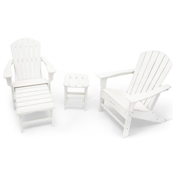 Hampton Outdoor Patio Adirondack Chair With Hideaway Ottoman and Table Set, White