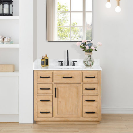 Gavino Vanity With Grain White Composite Stone Top, Light Brown/Matte Black, 42", No Mirror
