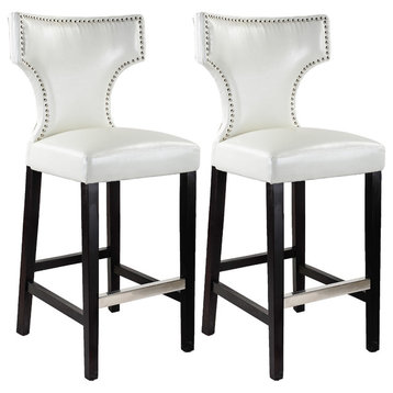 Kings Bar Height Barstool, White With Metal Studs, Set of 2