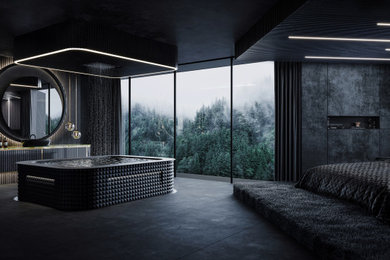 Photo of a mid-sized contemporary master bathroom in Perth with furniture-like cabinets, black cabinets, a freestanding tub, an open shower, a one-piece toilet, black tile, porcelain tile, black walls, porcelain floors, a console sink, granite benchtops, black floor, an open shower, black benchtops, an enclosed toilet, a single vanity, a freestanding vanity, wood and wood walls.