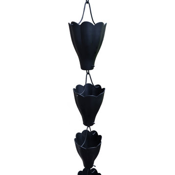 Black XL Aluminum Scallop Cups Rain Chain with Installation Kit , 11 Foot