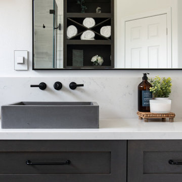 Bright White Quartz Countertop with Cement Sink and Matte Black Fixtures