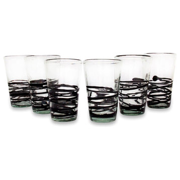 Ebony Spin, Set of 6 Blown Glass Drinking Glasses, Mexico