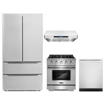 4PC Package with 30" Gas Range, 30" Range Hood, 24" Dishwasher & Refrigerator