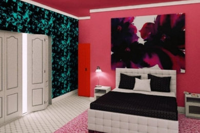Пример оригинального дизайна: хозяйская спальня в современном стиле с красными стенами и ковровым покрытием