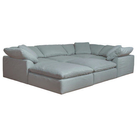 6-Piece Slip-Covered U-Shaped Pit Sectional Sofa, Ocean Blue