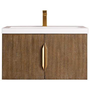 Columbia 31.5" Single Vanity Cabinet, Latte Oak W/ White Glossy  Countertop