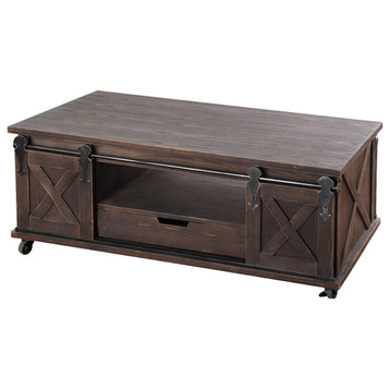 Rustic Coffee Table With Wheels, Barn Sliding Doors & Storage Drawer, Dark Brown