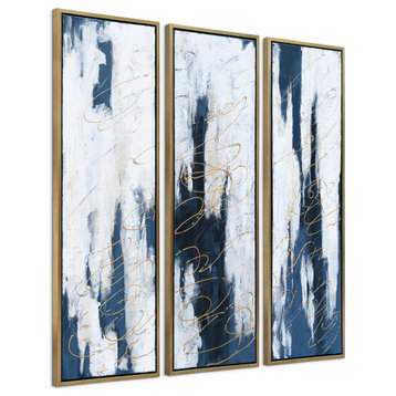 Blue Abstract Triptych Set Textured Metallic Hand Painted Wall Art