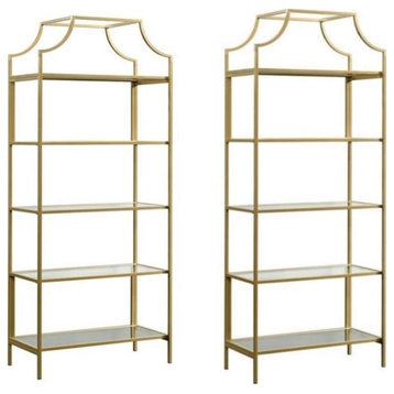 Pemberly Row Contemporary 2 Piece Metal Bookcase set in Satin Gold