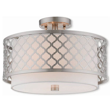 3-Light Ceiling Mount, Brushed Nickel/Off-White Shade