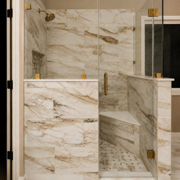 Transitional Bathroom with Marble-Look Walk-In Shower