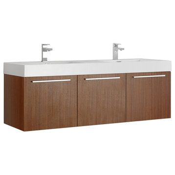 Fresca Vista 60" Teak Wall Hung Double Sink Cabinet With Integrated Sink