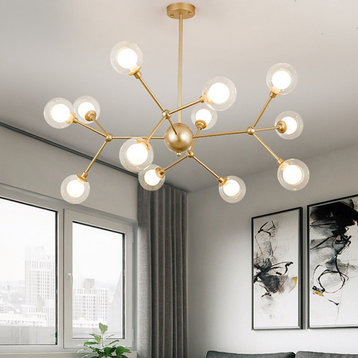 Glass Globe Shaped Chandelier, Molecular Fission Branches, 12 Lights, Warm Light