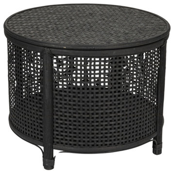 Small Bamboo and Rattan Round Accent Table, Natural, Black