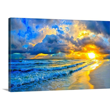 Beautiful Blue Ocean Sunset And Waves Wrapped Canvas Art Print, 18"x12"x1.5"