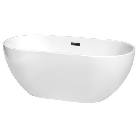 Brooklyn 60" Freestanding White Bathtub, Matte Black Drain and Overflow Trim
