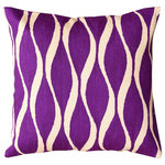 Kashmir Designs - Contemporary Waves Vivid Violet Decorative Pillow Cover Handmade Wool 18x18" - Kashmir is proud to bring together the modern abstract vector design pillow collection, hand embroidered by the finest artisans of Kashmir, into the living spaces of patrons and connoisseurs’ all around the world. These unique, seamless and modern pillows would bring together the artistic elements of any room, creating a harmonious design and perfect air of sophistication.
