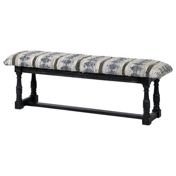Denison II Black and Beige Woven Leather With Black Solid Wood Base Accent Bench