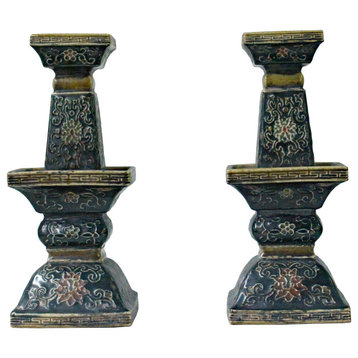 Pair Chinese Handmade Ceramic Square Motif Candle Holders Display Hws941