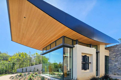 Ejemplo de fachada de casa beige moderna de tamaño medio de una planta con revestimiento de estuco