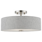 Livex Lighting - Dakota 3 Light Brushed Nickel With Shiny White Accents Semi-Flush - This three light semi flush from the Dakota collection has a clean, crisp look and contemporary appeal while offering antiquate light. The sleek design features a brushed nickel finish with shiny white finish accents. The hand crafted urban gray fabric hardback shade with white color fabric on the inside offers warm light for your surroundings.