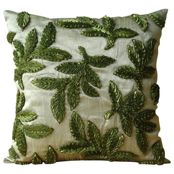 Green Ribbon Leaf Pillows Cover, Art Silk 18x18 Throw Pillow Cover, Leafy Days