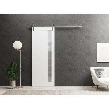 Barn Door 42 x 96, Planum 0660 Painted White & Frosted Glass, Silver 8FT