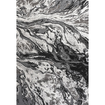 Swirl Marbled Abstract Area Rug, Black/Ivory, 8 X 10